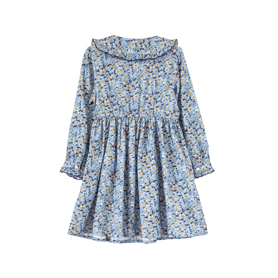 Girls Adelaide Velvet Tie Dress | Blue and Mustard Wildflowers - HoneyBug