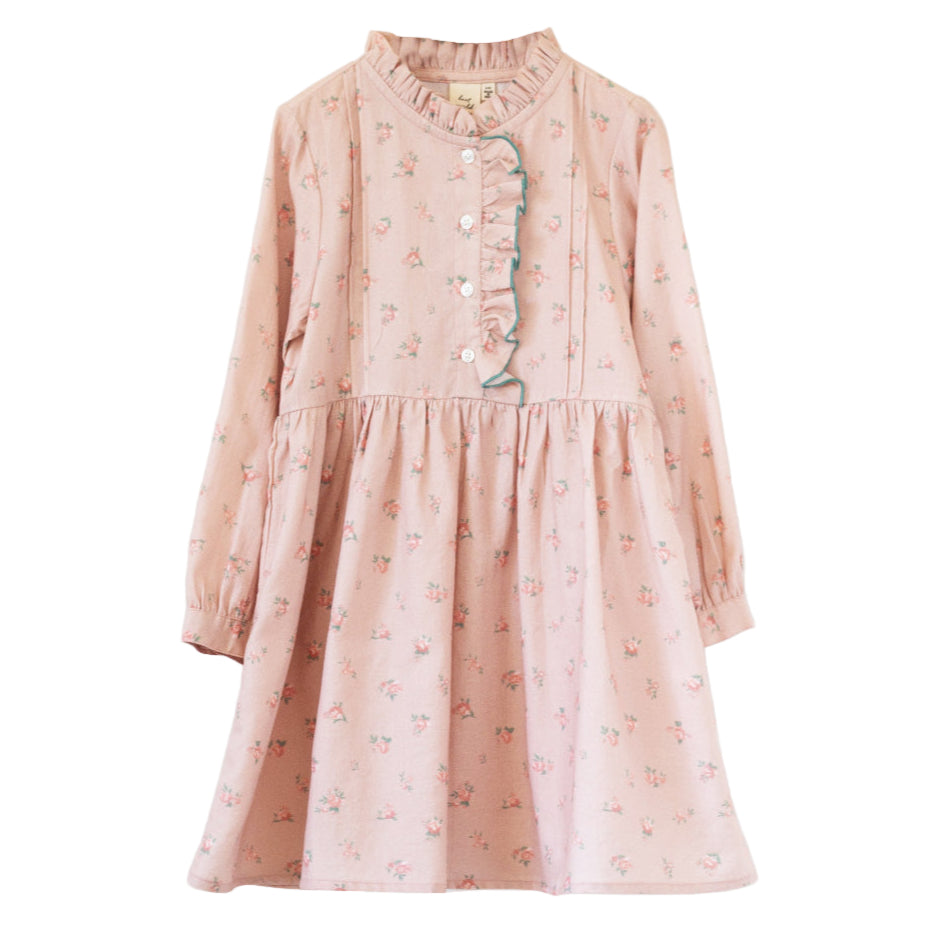 Girls Long Sleeves Dress with Front Ruffle | Vintage Pink Rose - HoneyBug