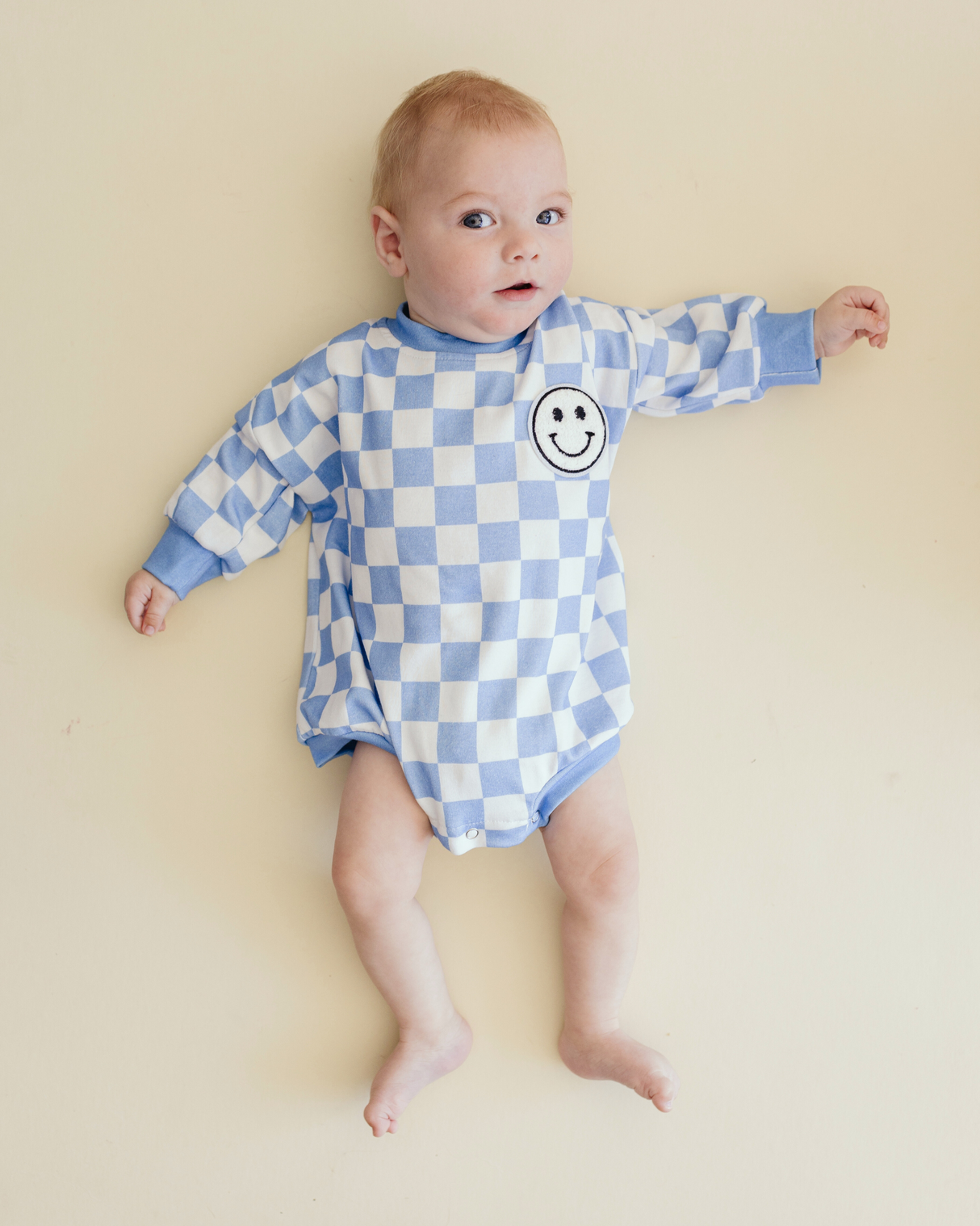 Bubble Romper | Checkered Smiley Blue - HoneyBug