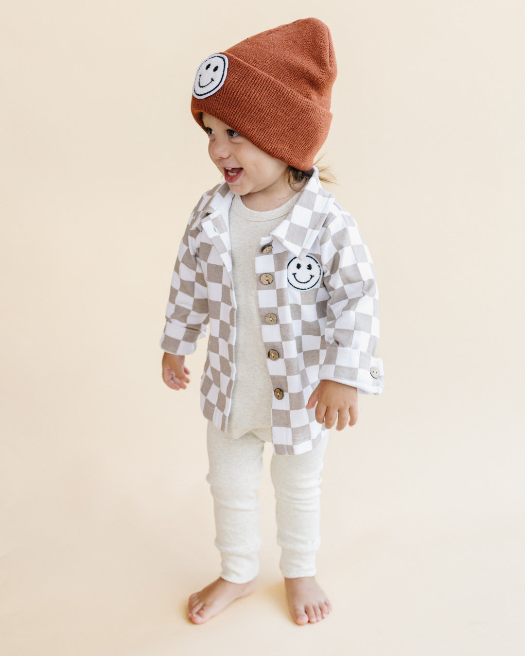 Cotton Shacket | Smiley Checkered Latte - HoneyBug