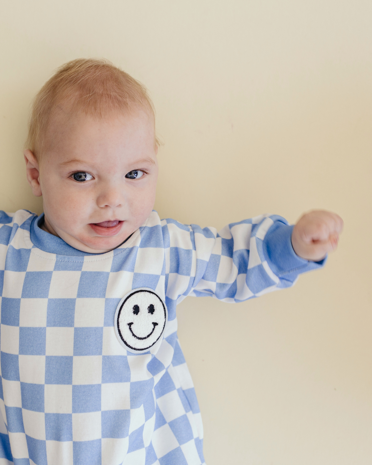 Bubble Romper | Checkered Smiley Blue - HoneyBug