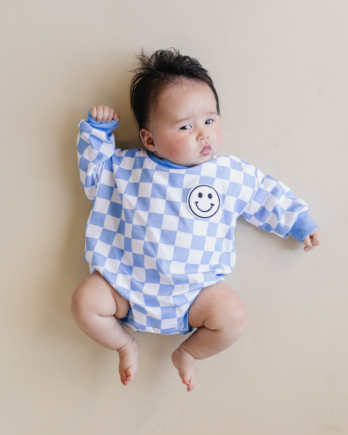 Bubble Romper | Checkered Smiley Blue - HoneyBug