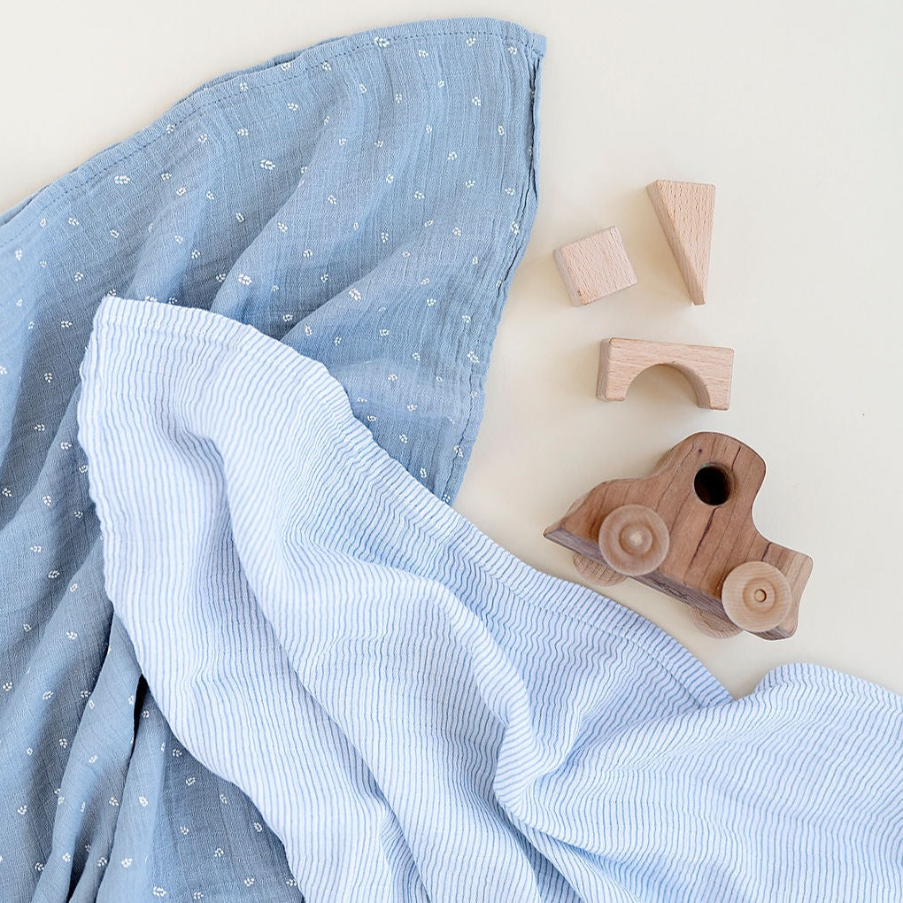 2 Pack Cotton Muslin Swaddle Blanket - Blue Leaf & Stripes - HoneyBug