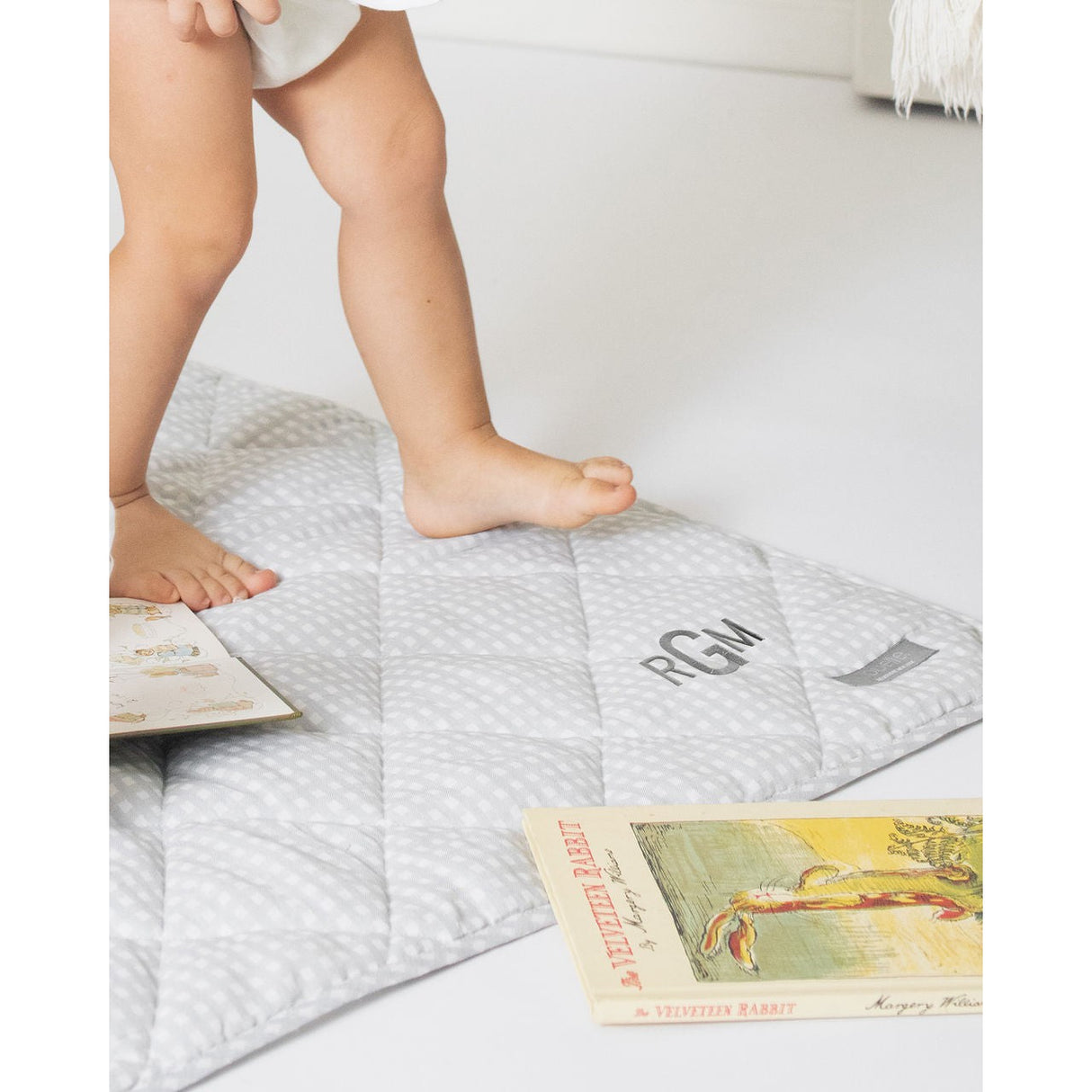 Monogrammed Play mat | grey gingham and white linen - HoneyBug