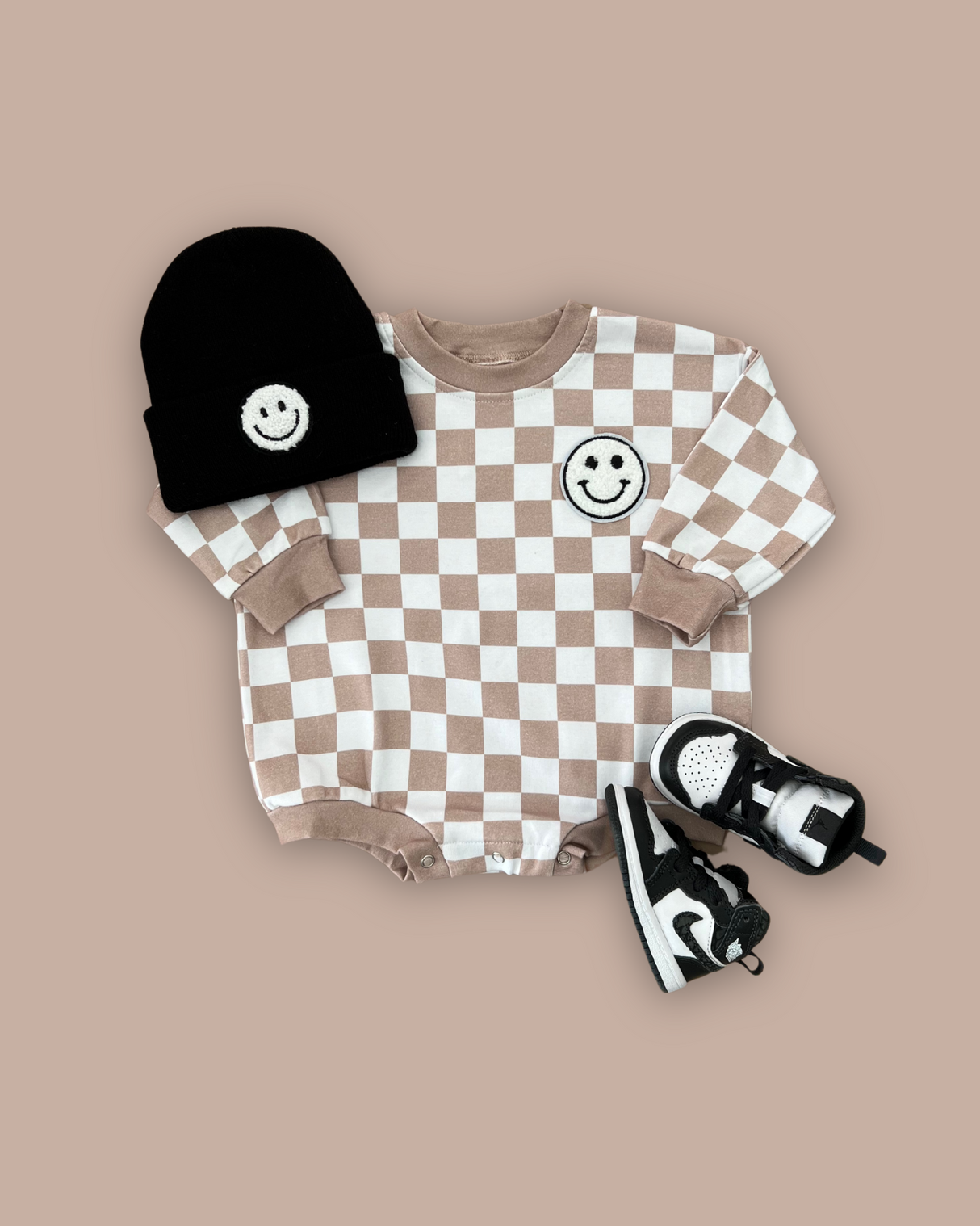 Bubble Romper | Checkered Smiley Latte - HoneyBug