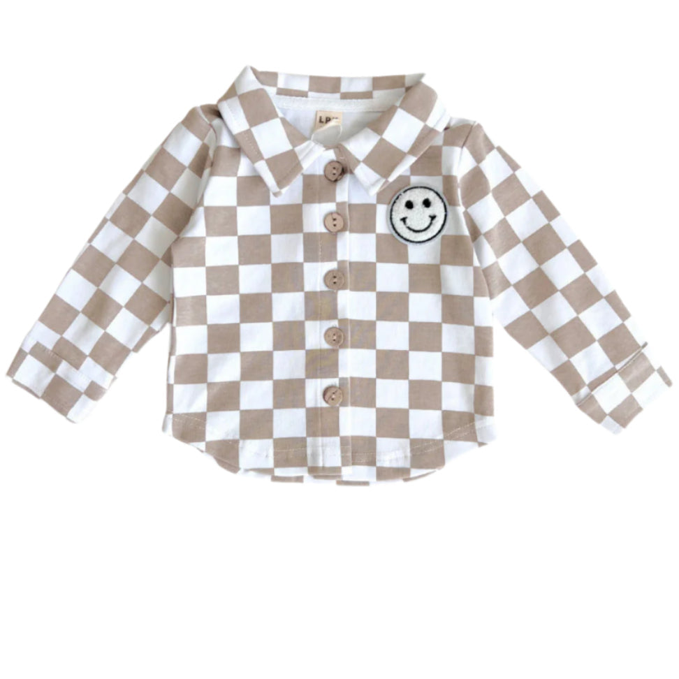 Cotton Shacket | Smiley Checkered Latte - HoneyBug