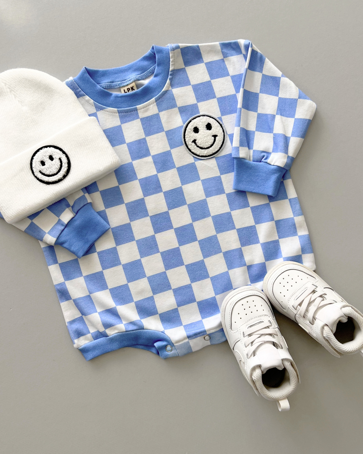 Bubble Romper | Checkered Smiley Blue - HoneyBug