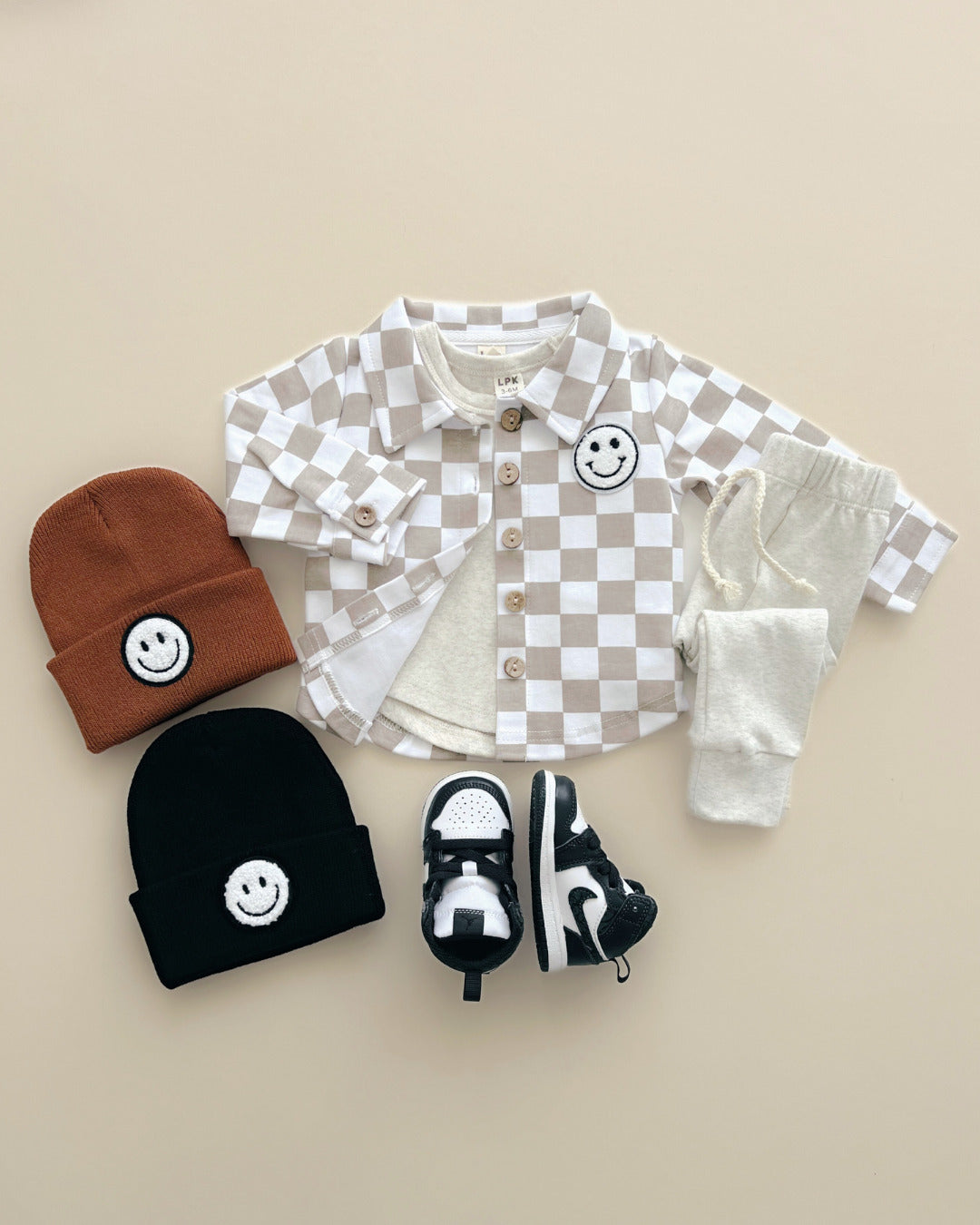 Cotton Shacket | Smiley Checkered Latte - HoneyBug