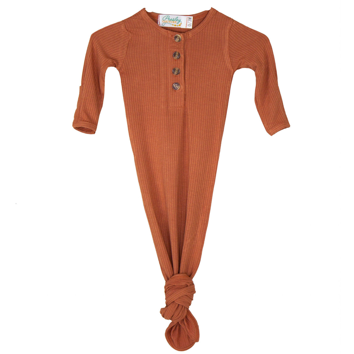 Knotted Baby Gown - Ribbed Rust - HoneyBug