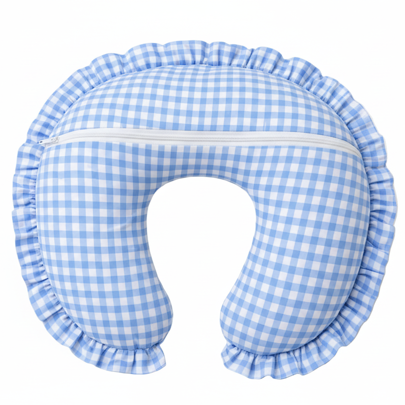 Sky Blue Gingham Ruffle Nursing Pillow Cover