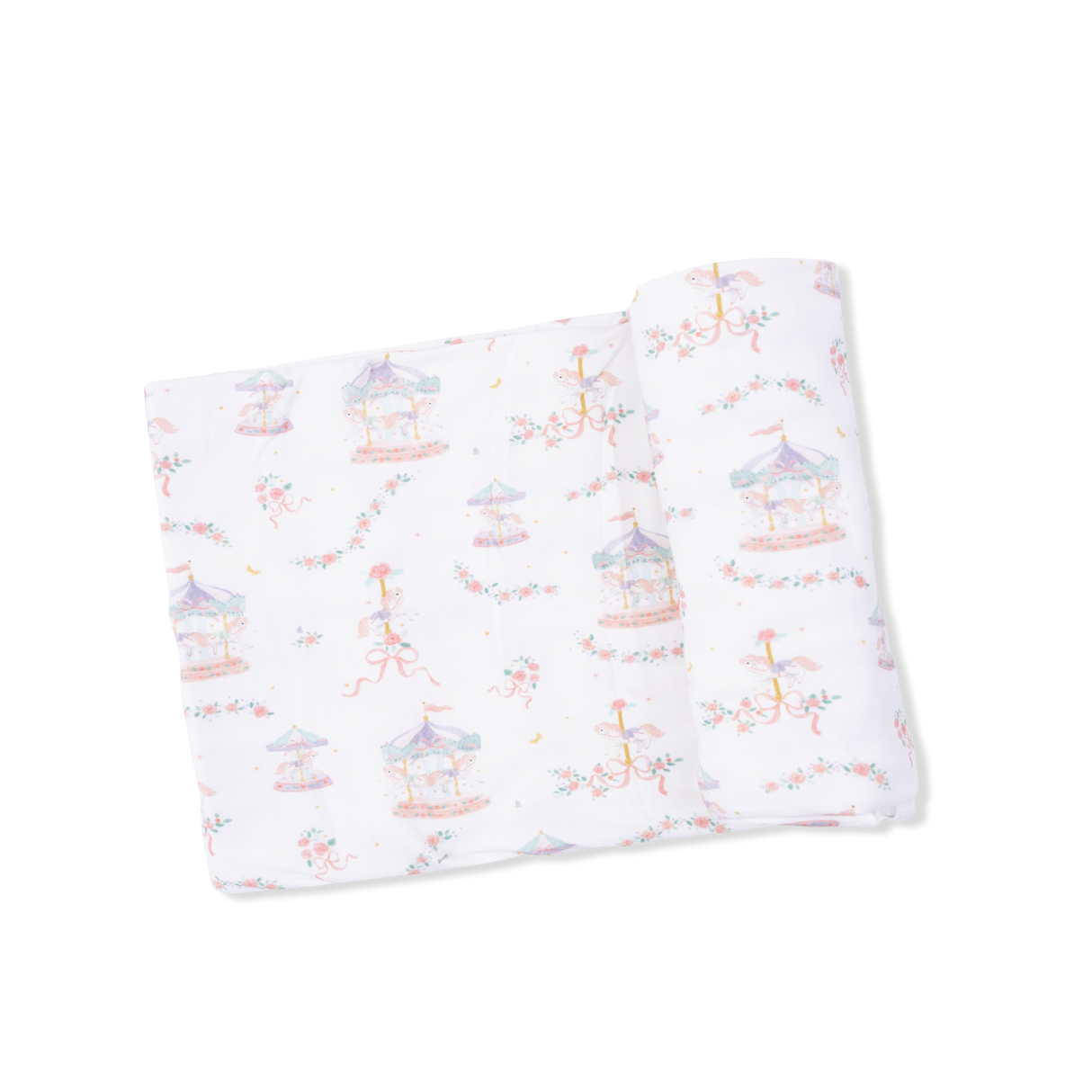 Carousel with Bows - 2 Way Ruffle Back Zipper Footie, Headband, & Swaddle Blanket Set