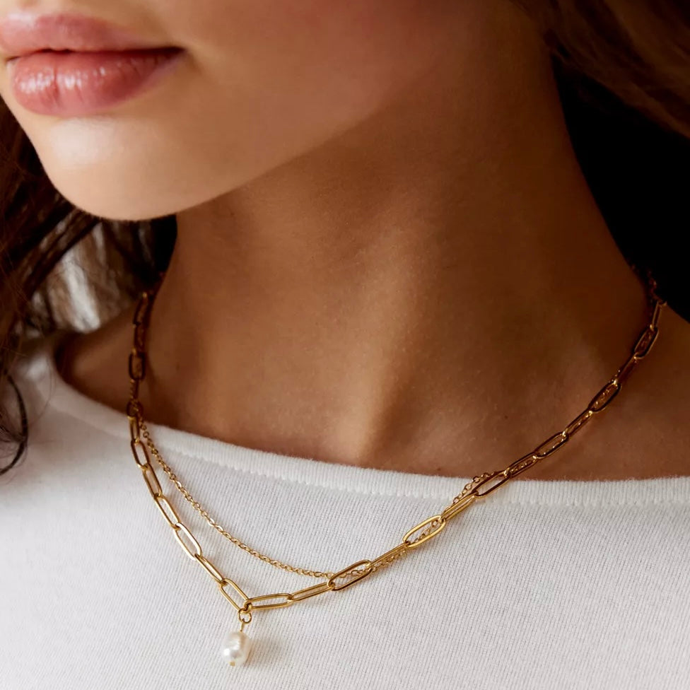 Renee Double Chain Pearl Choker Necklace - HoneyBug