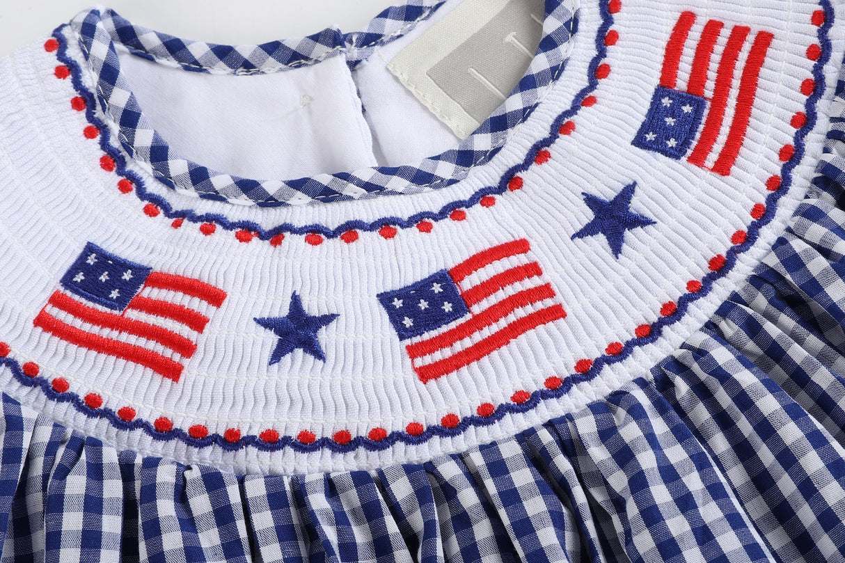 4th of July Royal Blue Gingham American Flag Smocked Bishop Dress