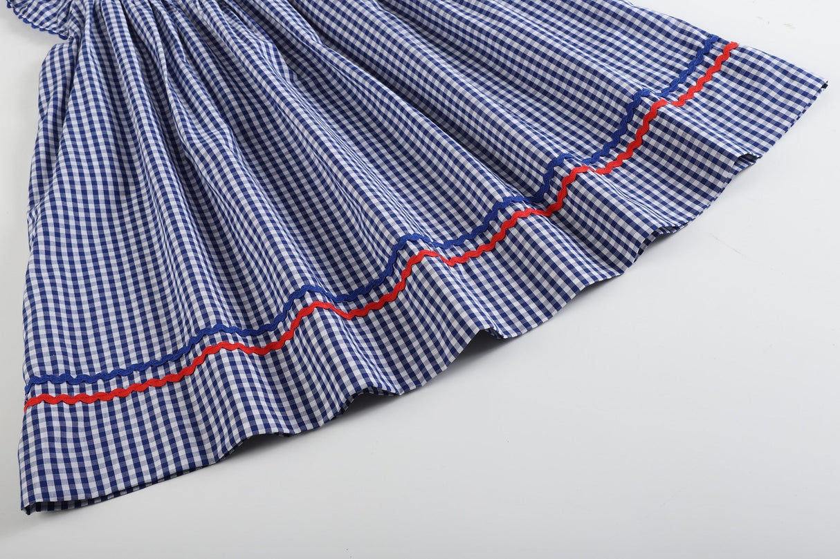 4th of July Royal Blue Gingham American Flag Smocked Bishop Dress