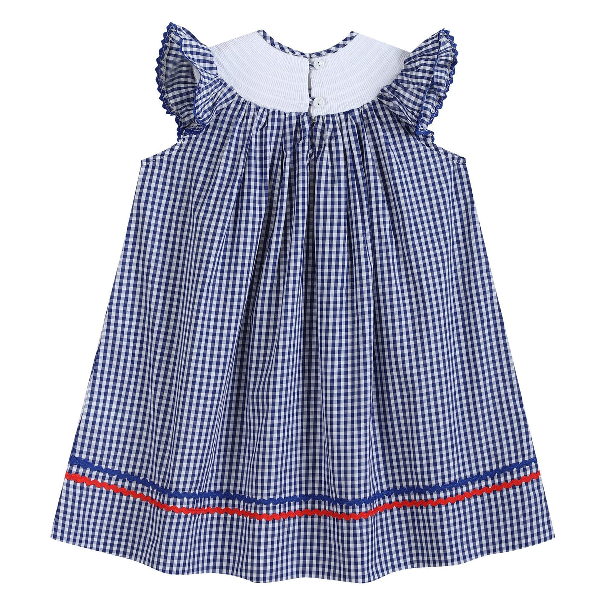 4th of July Royal Blue Gingham American Flag Smocked Bishop Dress