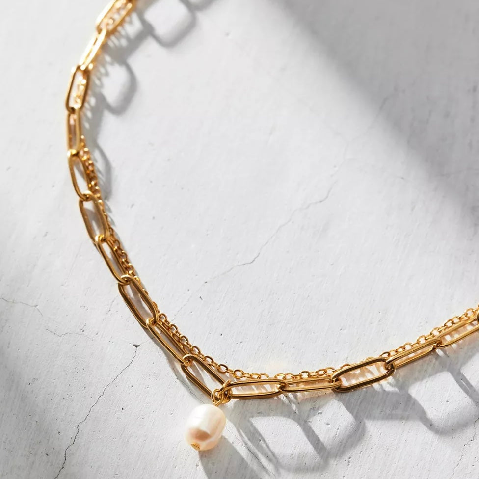 Renee Double Chain Pearl Choker Necklace - HoneyBug
