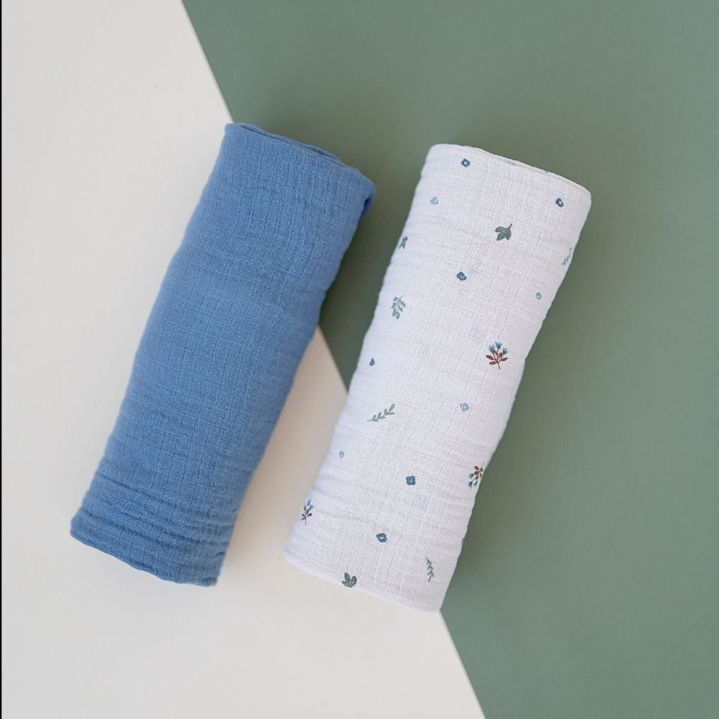 2 Pack Cotton Muslin Swaddle Blanket - Garden Flower - Blue - HoneyBug