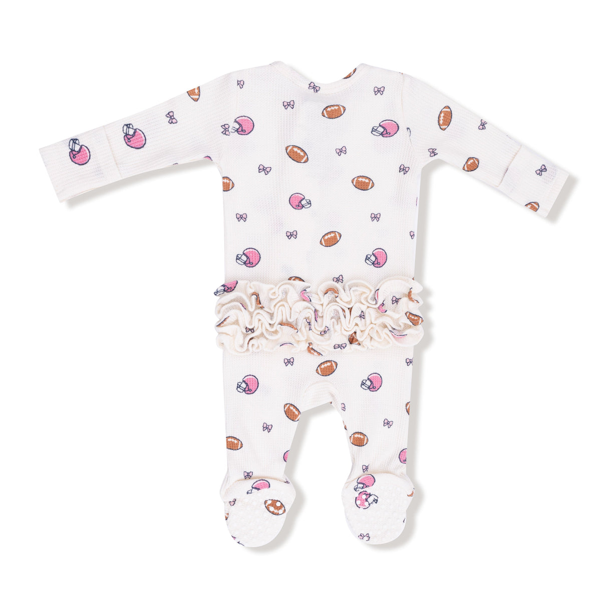2 Way Zipper Ruffle Back Footie - Footballs and Bows - HoneyBug