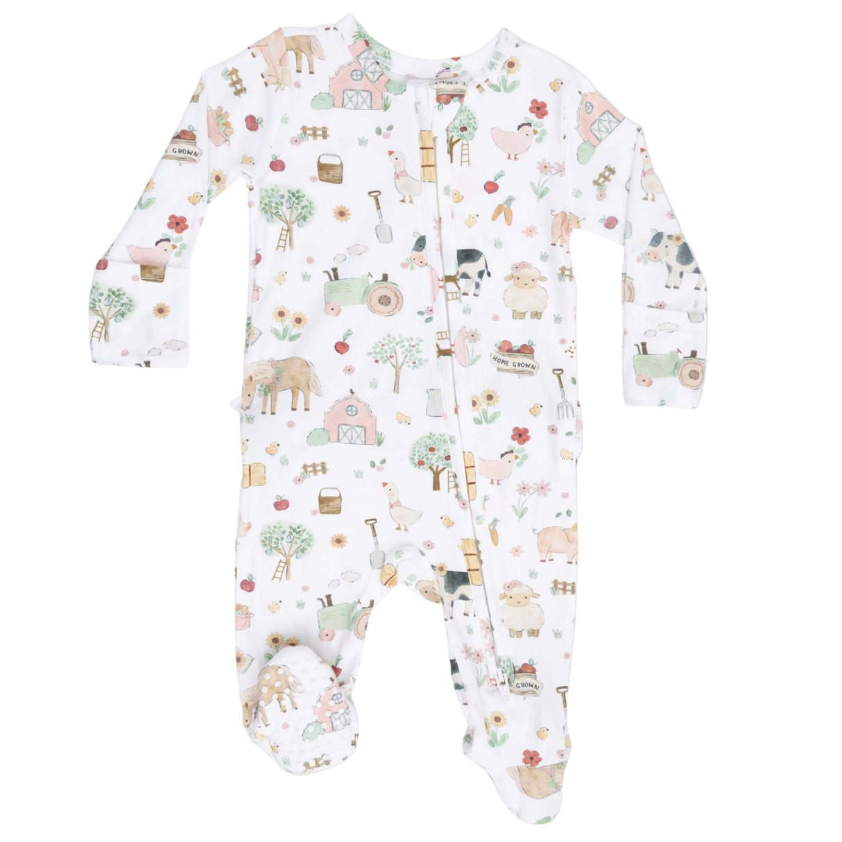 Cute Farm Animals Pink - 2 Way Ruffle Back Zipper Footie