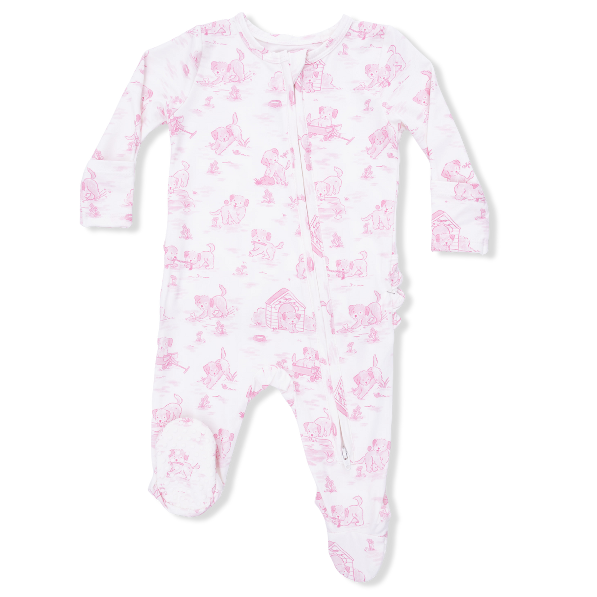 Puppy Toile Pink - 2 Way Ruffle Back Zipper Footie