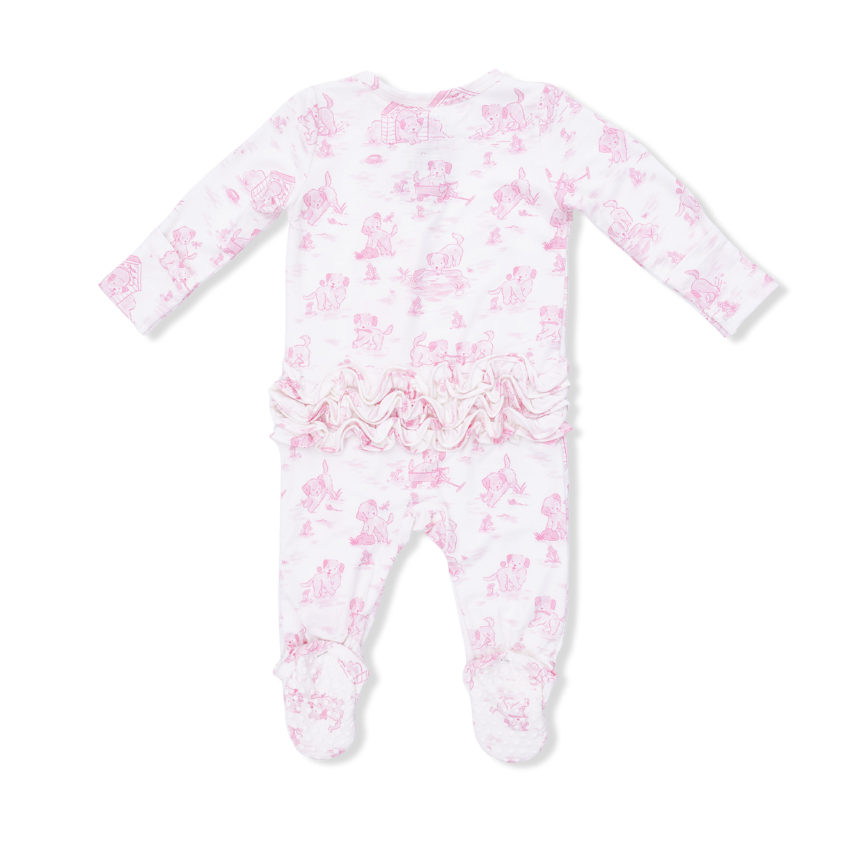 Puppy Toile Pink - 2 Way Ruffle Back Zipper Footie with Bandana Bib, and Swaddle Blanket Set