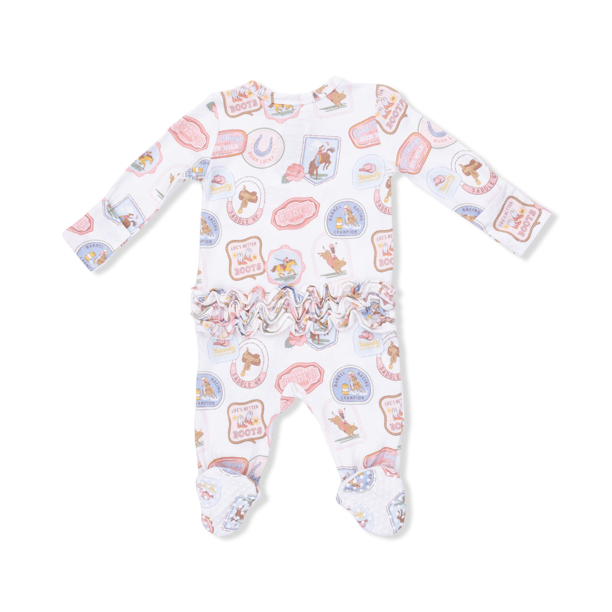 Rodeo Patches Pink - 2 Way Ruffle Back Zipper Footie