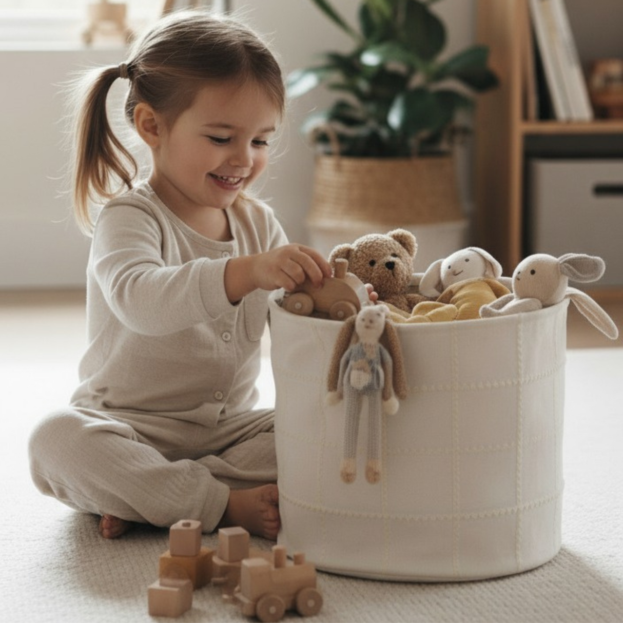 Handmade Canvas Storage Basket Mesh Lace - Oat
