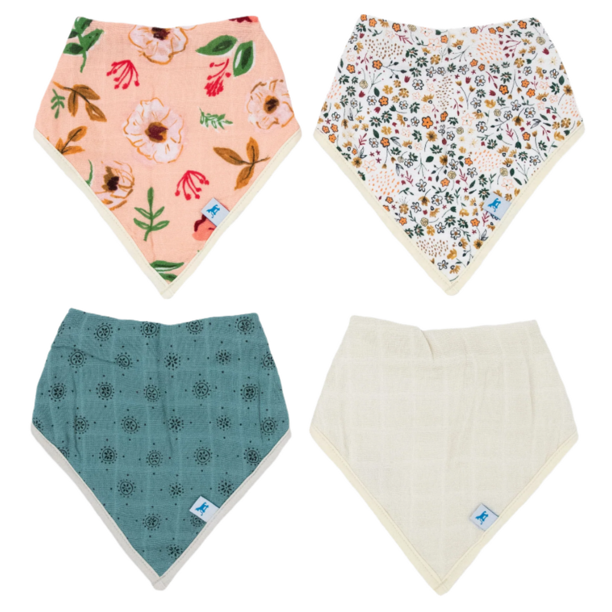 Cotton Muslin + Fleece Bandana Bib 4 Pack - Vintage Floral - HoneyBug