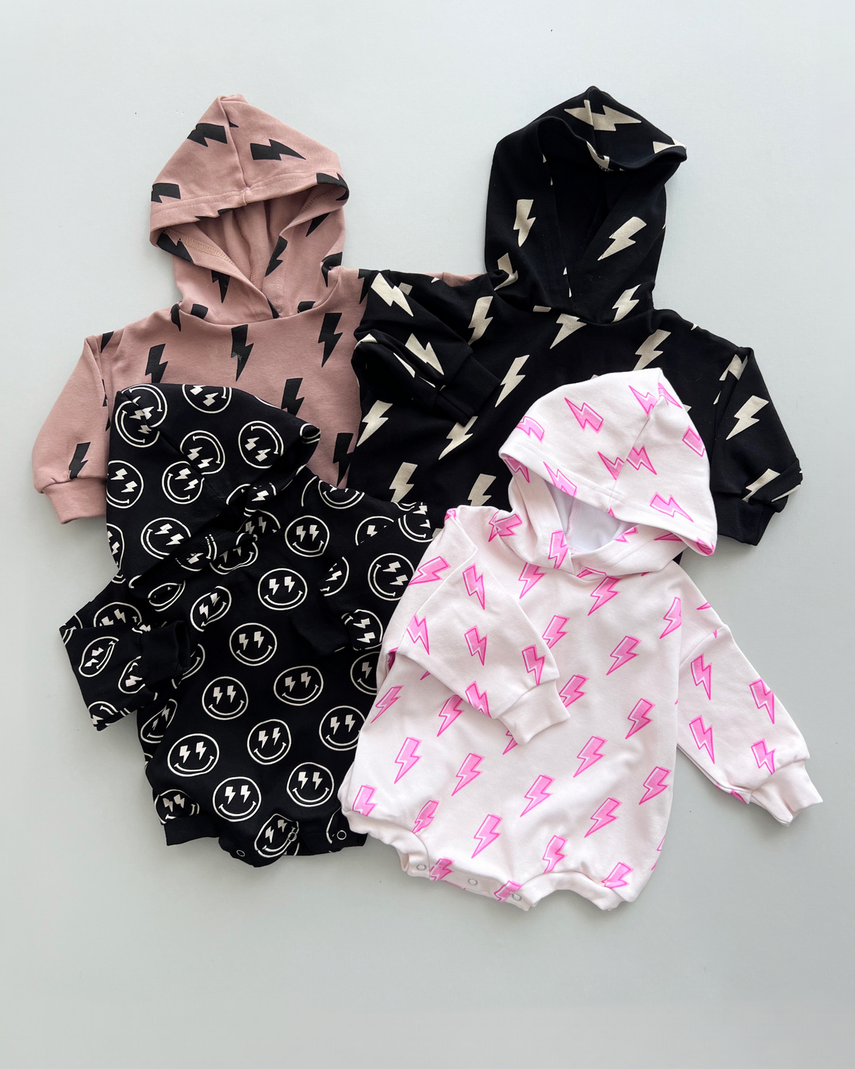 Hooded Bubble Romper | Black Bolts - HoneyBug