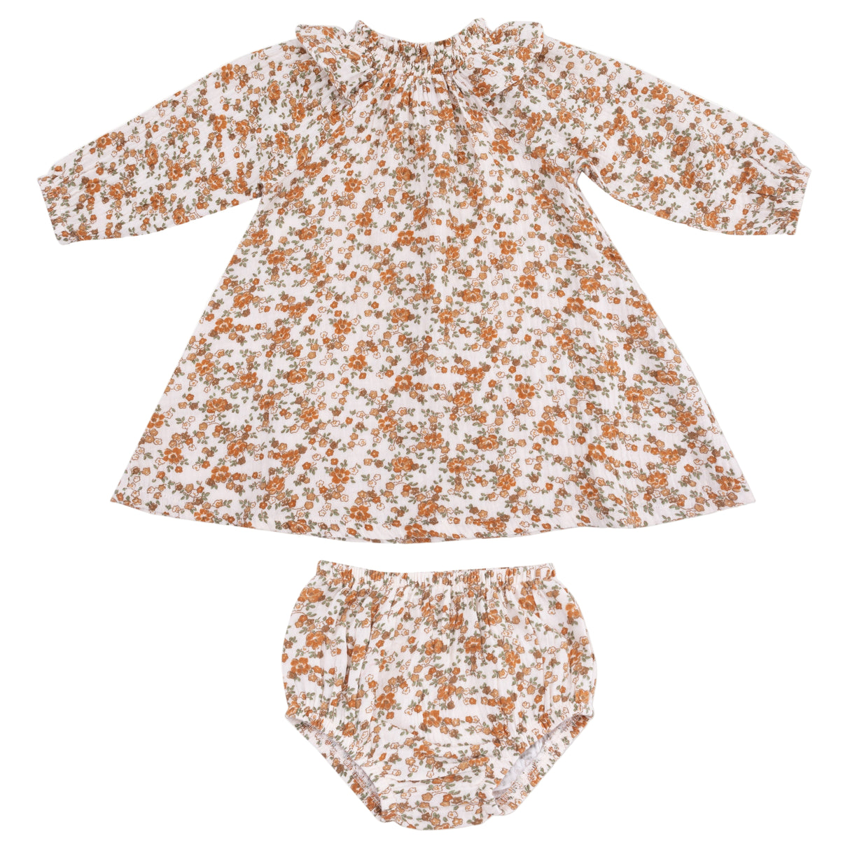 Long Sleeve Ruffle Smocked Neck Dress + Diaper Cover - HoneyBug