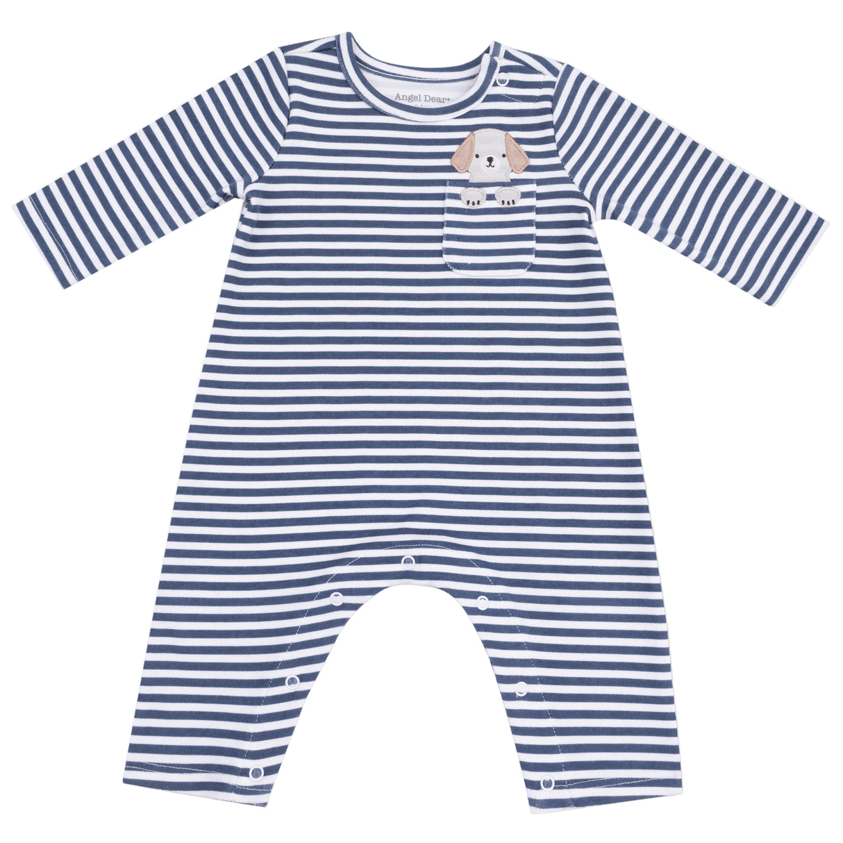 Long Sleeve Snap Shoulder Romper - Stripes With Puppy Detailing - HoneyBug