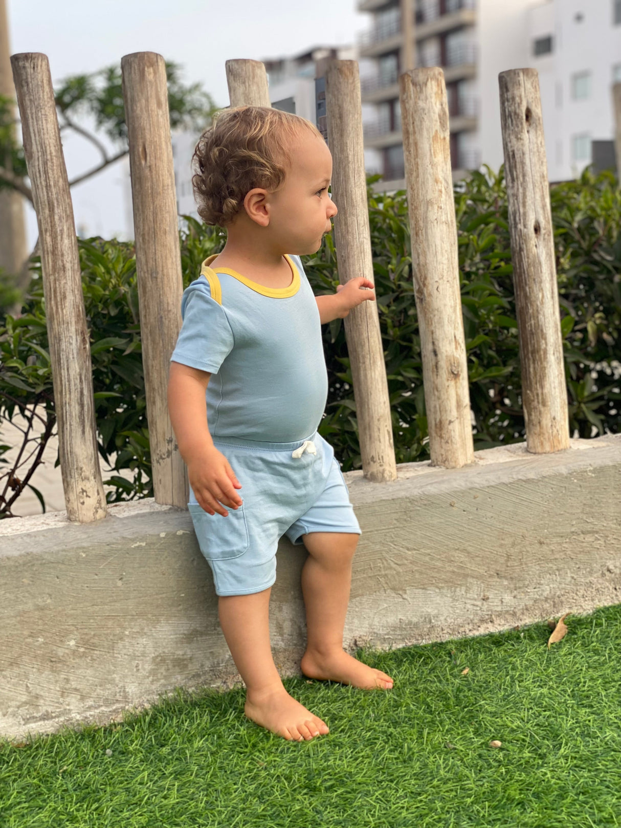 100% Peruvian Pima Cotton Chambray Blue with Yellow Short Sleeve Snap Bodysuit - HoneyBug