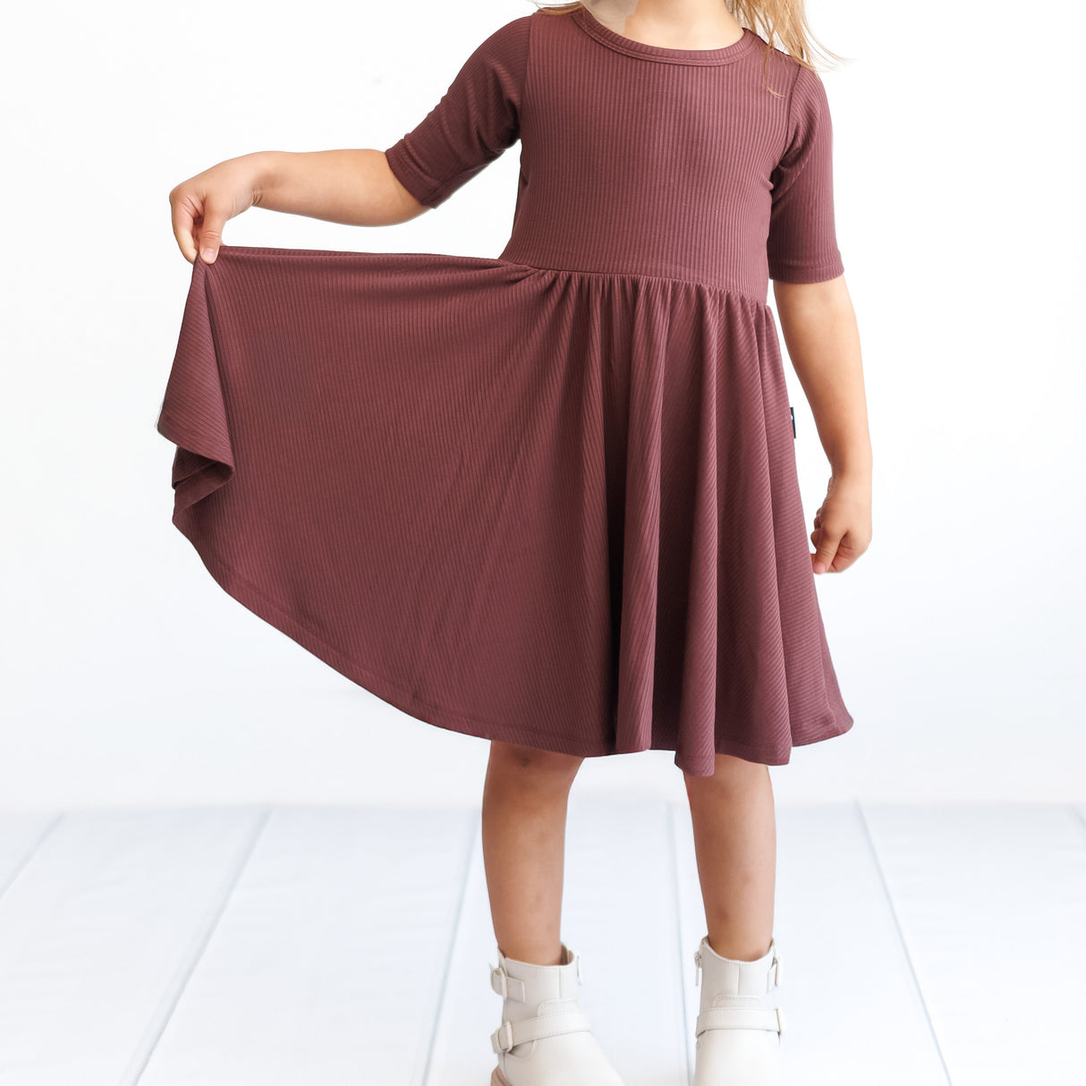 MID SLEEVE TWIRL DRESS- Black Cherry Ribbed - HoneyBug