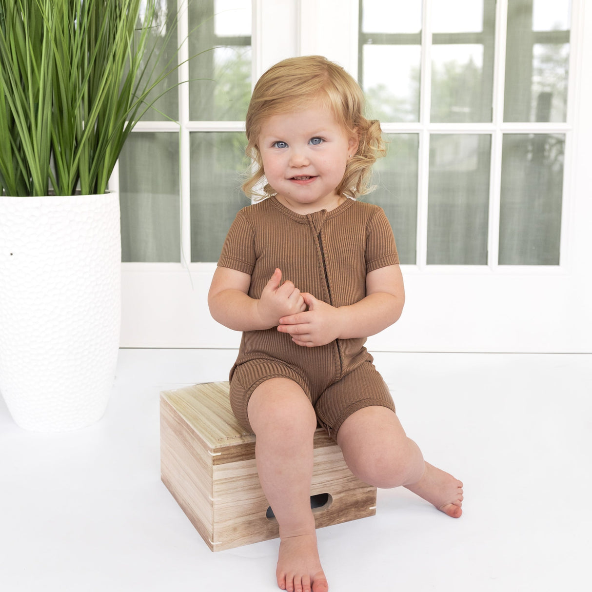 SHORTIE ZIP ROMPER - Mocha Ribbed - HoneyBug