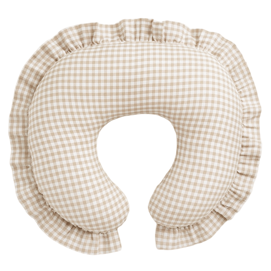 Beige Gingham Ruffle Nursing Pillow Cover