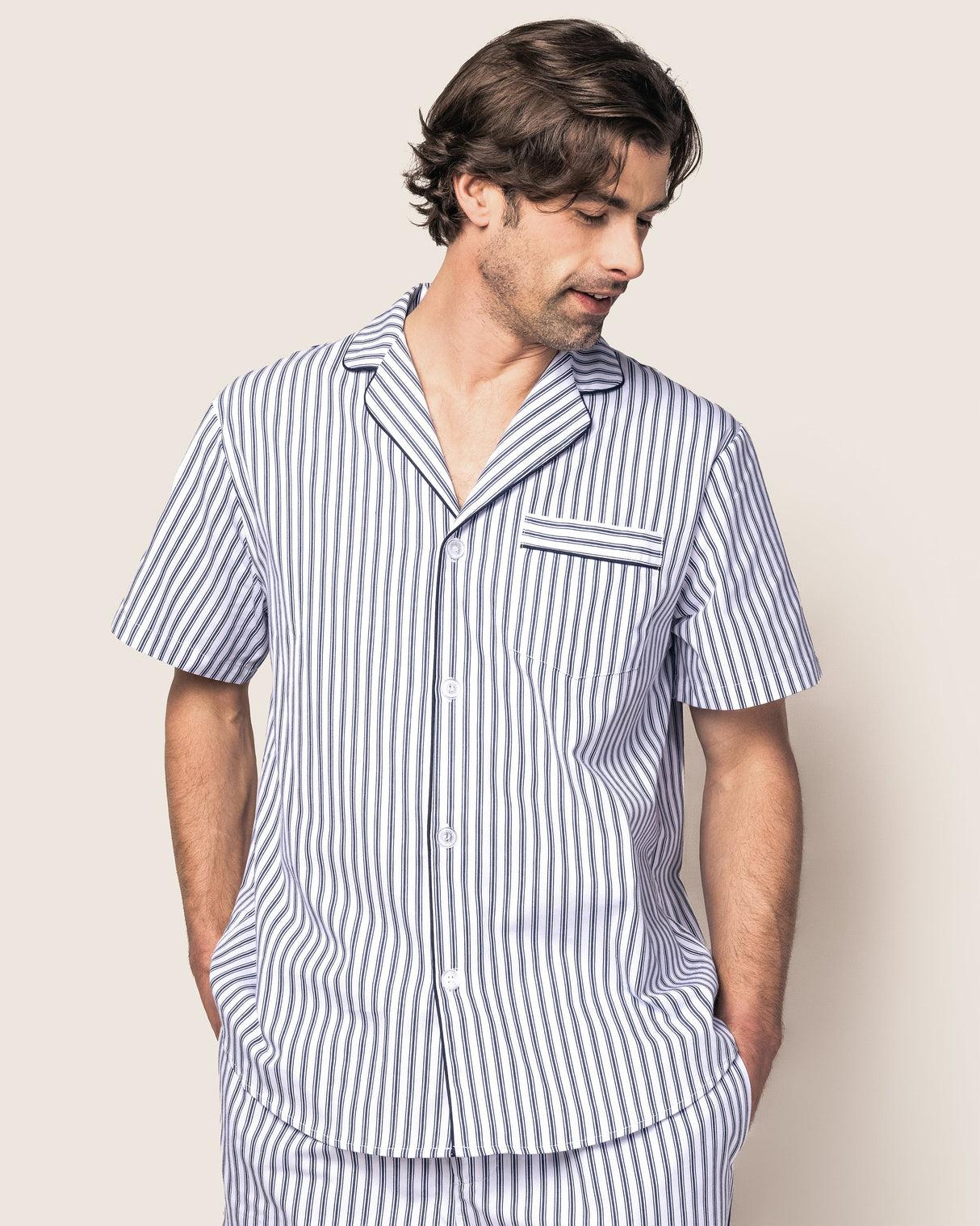 Men's Twill Pajama Short Set in Navy French Ticking - HoneyBug