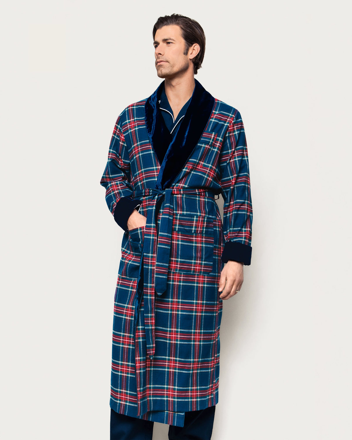 Men's Brushed Twill Velvet Trim Robe in Windsor Tartan - HoneyBug