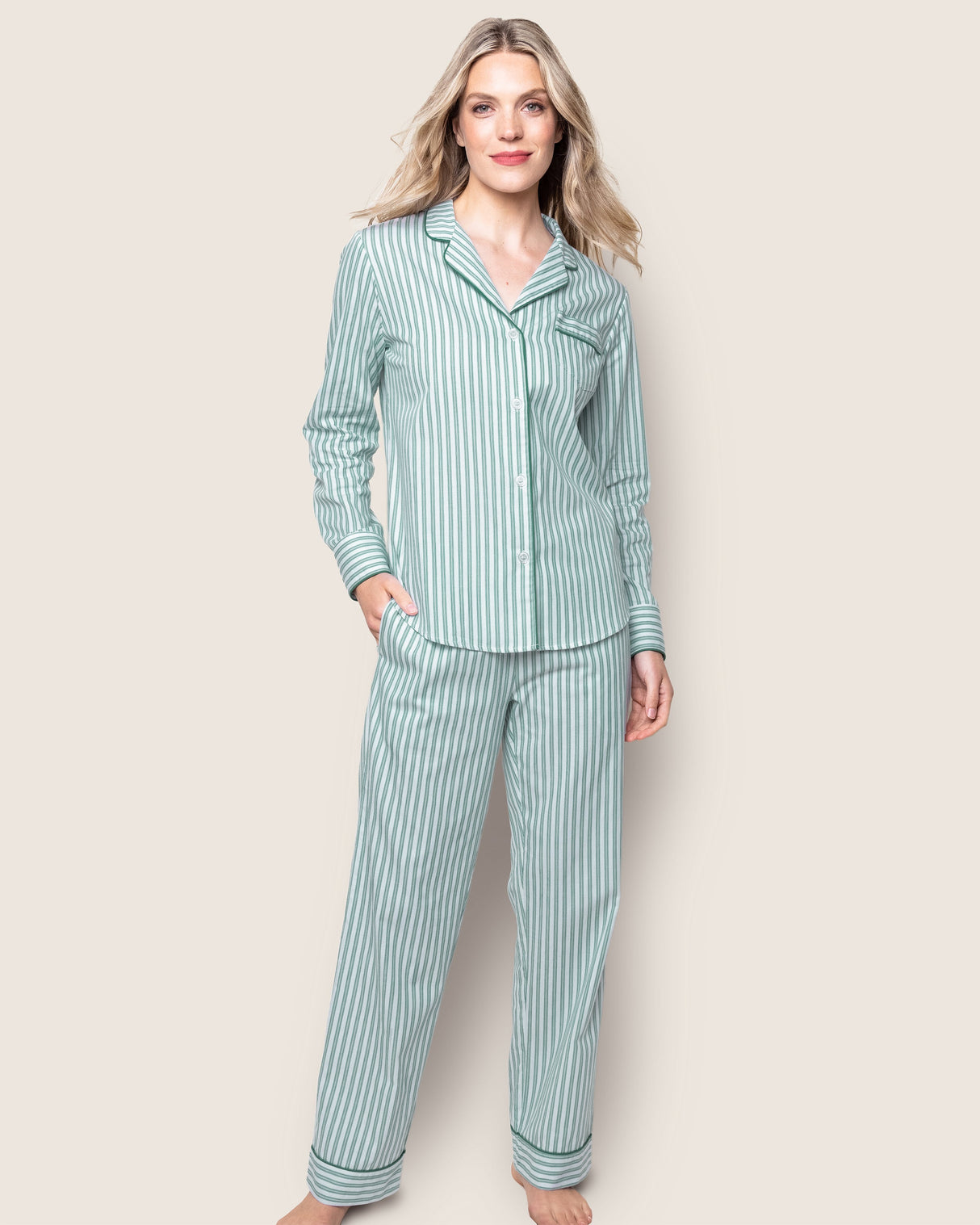 Women's Twill Pajama Set in Emerald Ticking - HoneyBug