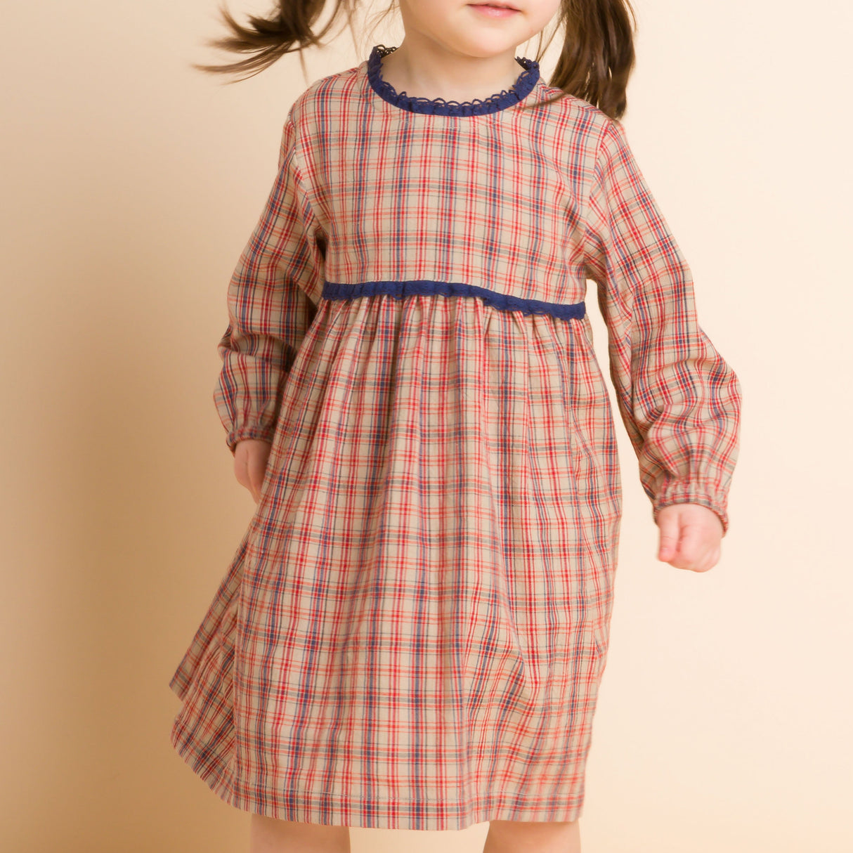 Toddler Long Sleeves Dress with Lace Trim | Red and Blue Check - HoneyBug