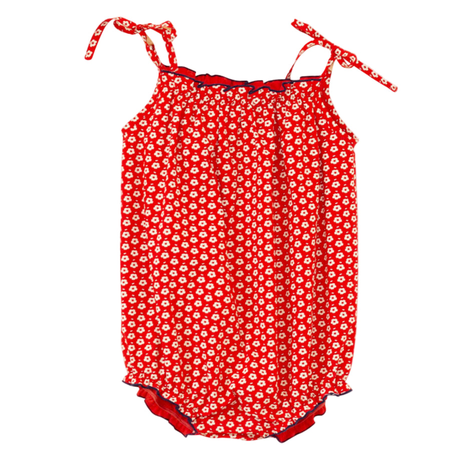 Baby Romper with Smocked Neck | Flowers in Brilliant Red - HoneyBug