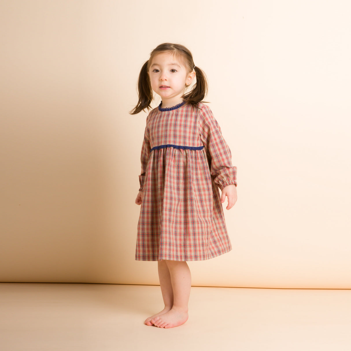 Toddler Long Sleeves Dress with Lace Trim | Red and Blue Check - HoneyBug