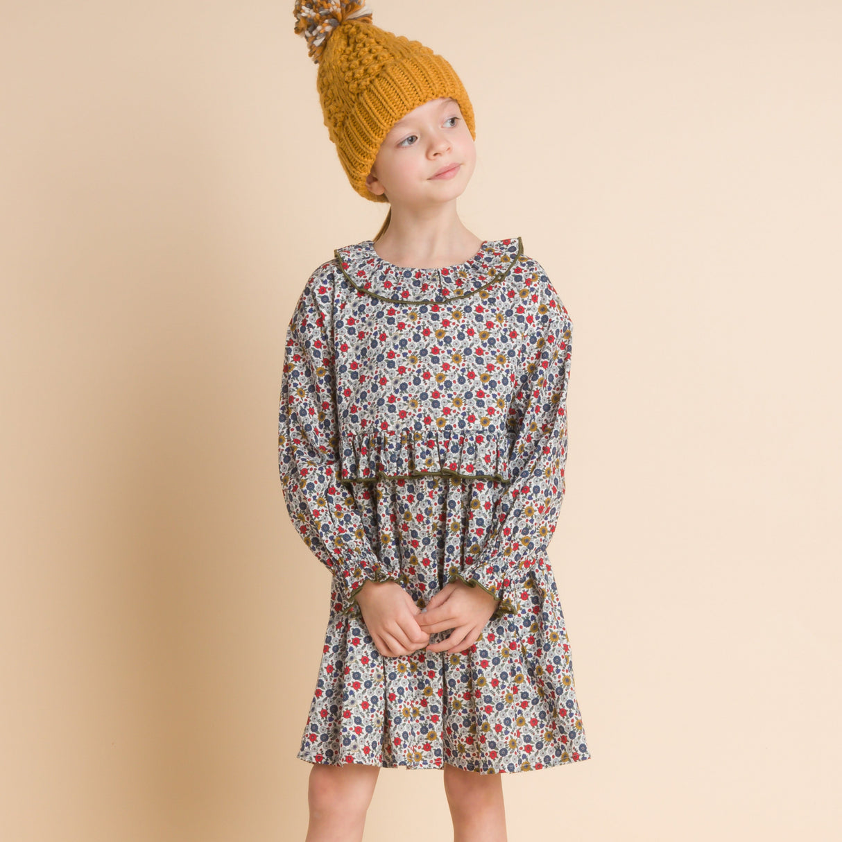 Girls' Ruffle Collar Long Sleeve Dress | Blue and Mustard Floral - HoneyBug