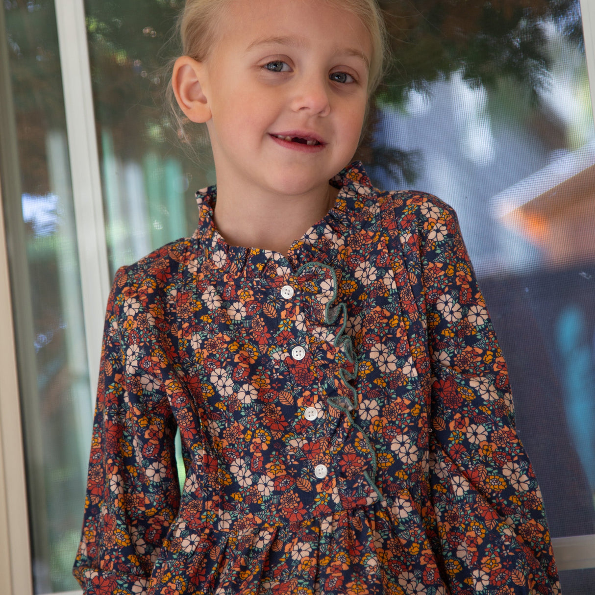 Girls Long Sleeves Dress with Front Ruffle | Garden Confetti - HoneyBug