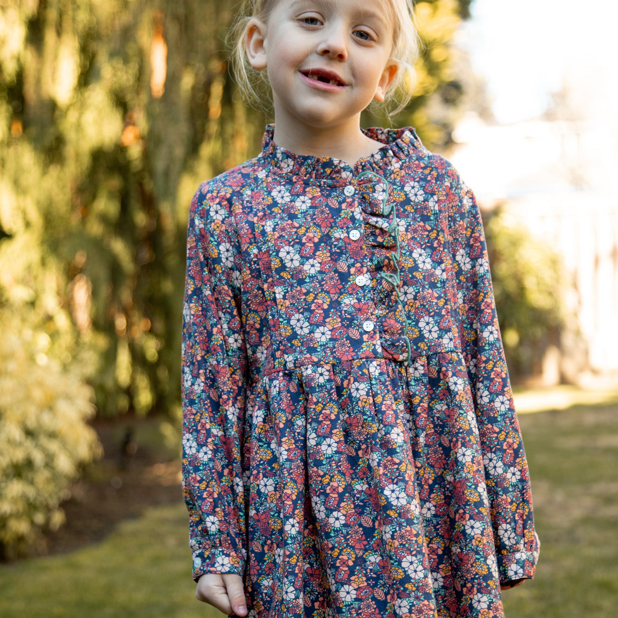 Girls Long Sleeves Dress with Front Ruffle | Garden Confetti - HoneyBug