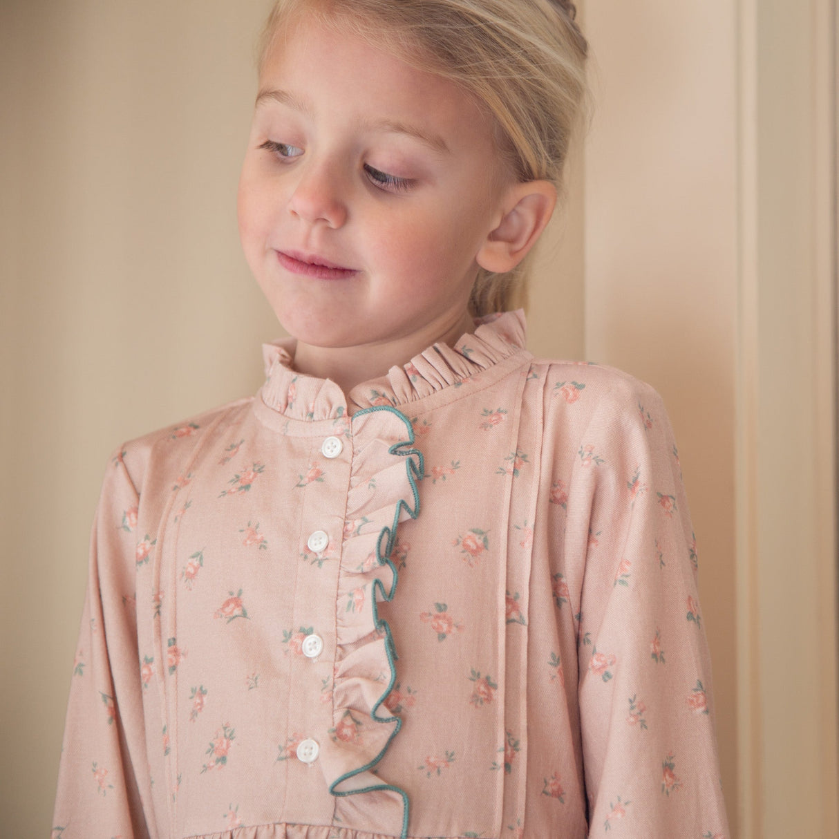 Girls Long Sleeves Dress with Front Ruffle | Vintage Pink Rose - HoneyBug