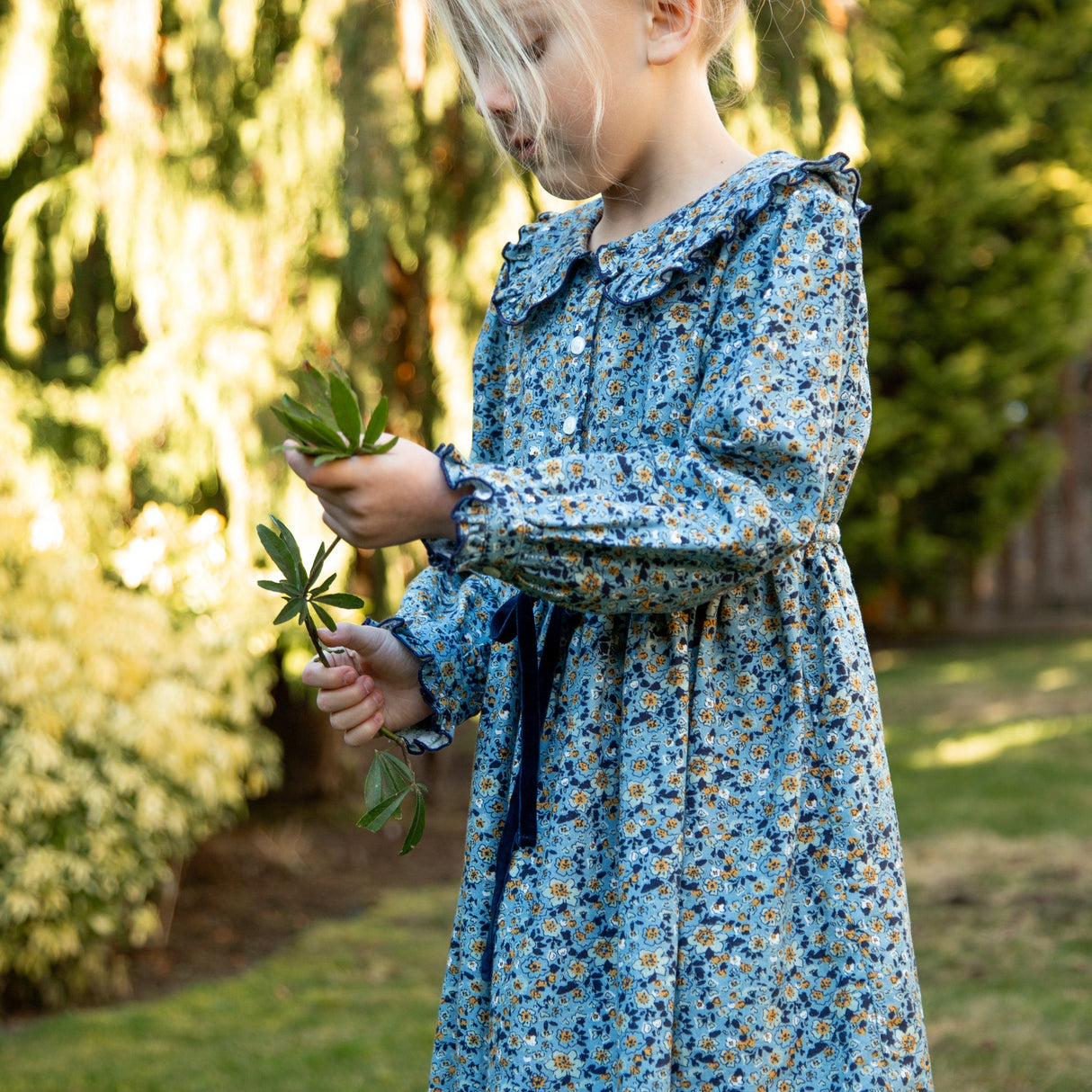 Girls Adelaide Velvet Tie Dress | Blue and Mustard Wildflowers - HoneyBug