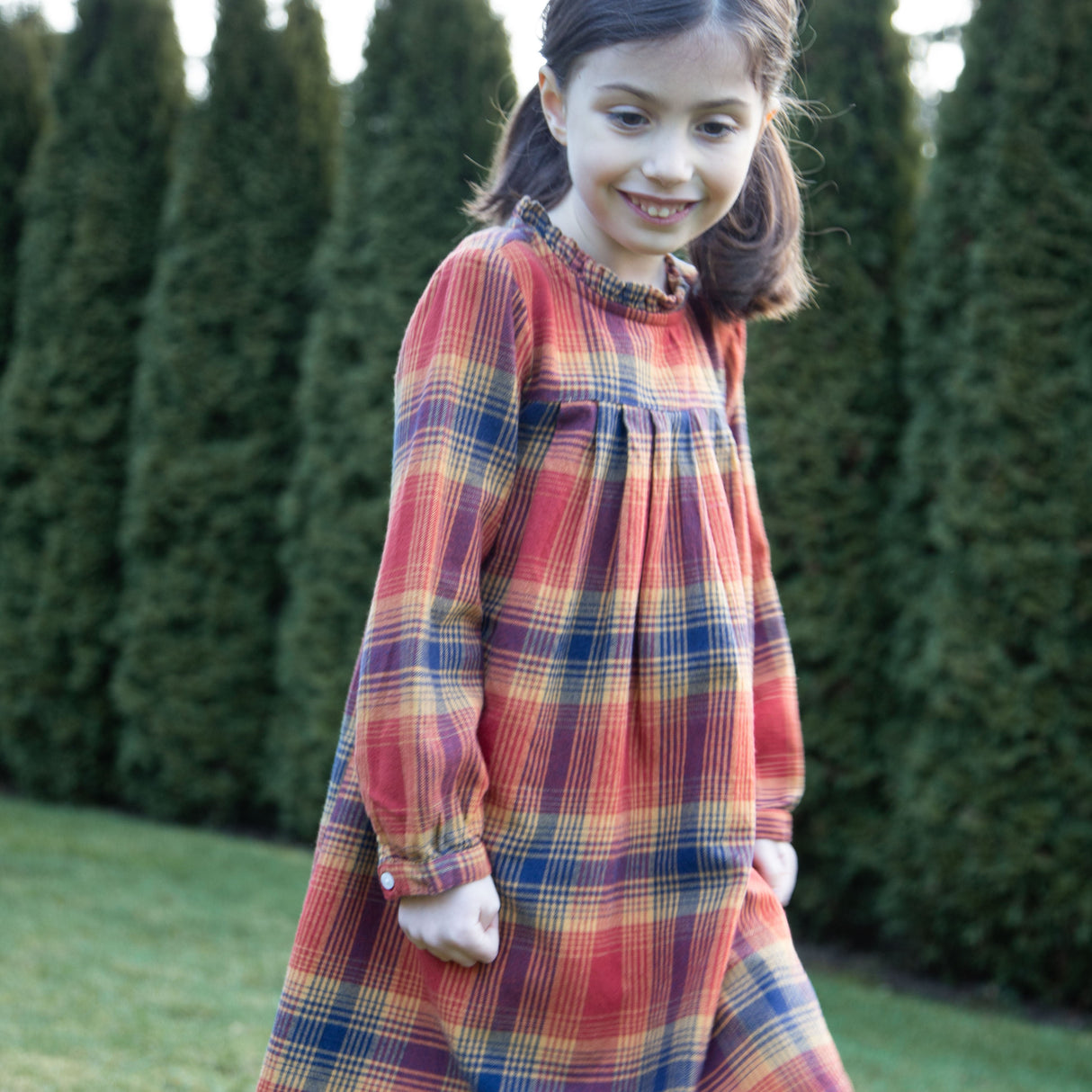 Girls' Long Sleeve Plaid Flannel Dress | Orange Check - HoneyBug