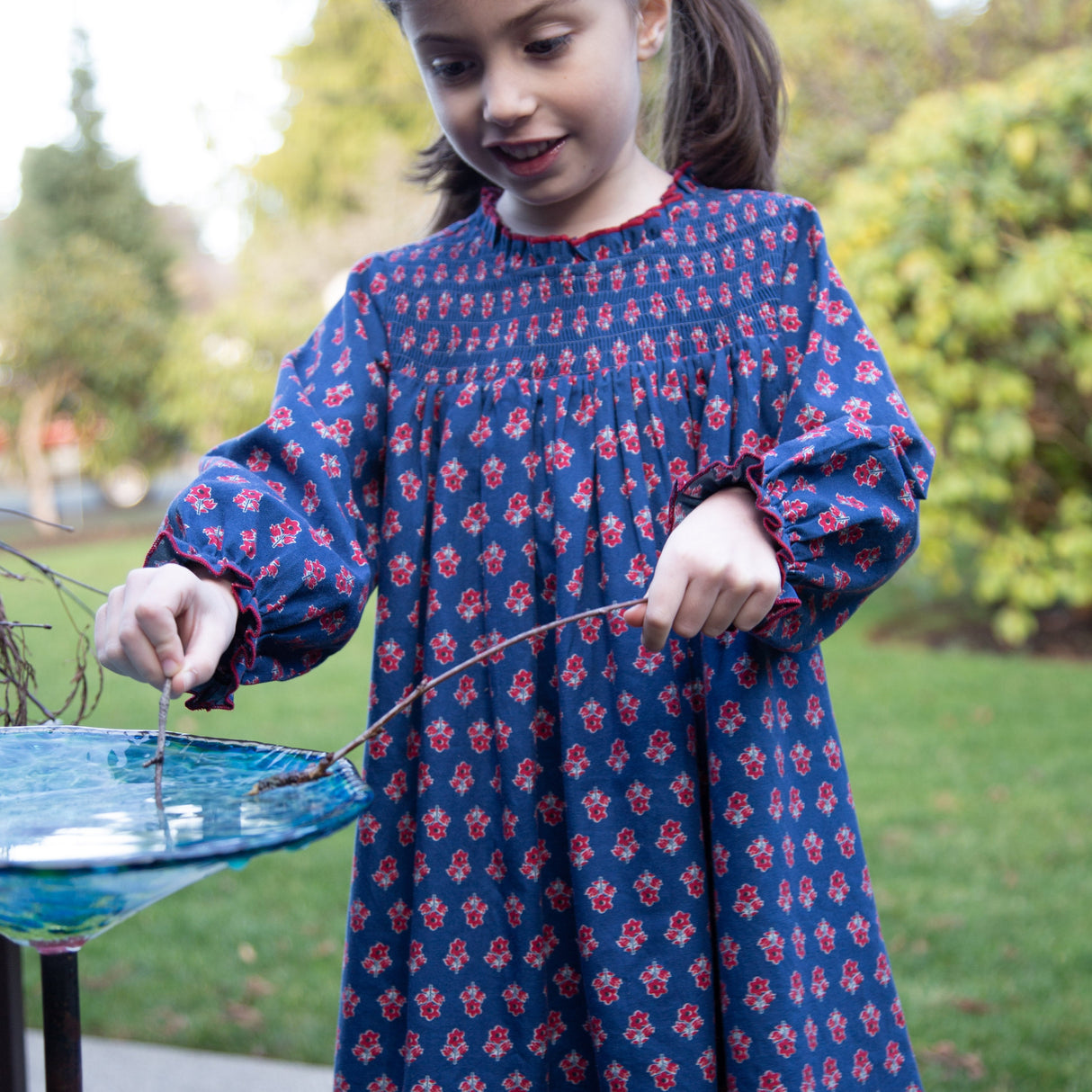 Girls' Smocked Long Sleeves Dress | Red and Navy - HoneyBug