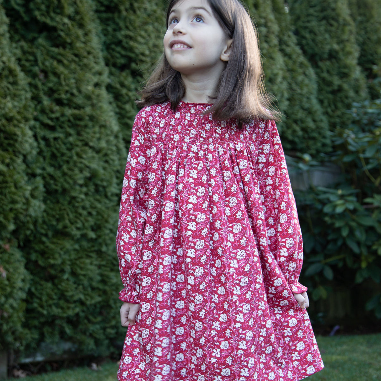 Girls' Smocked Long Sleeves Dress | Red and White Floral - HoneyBug