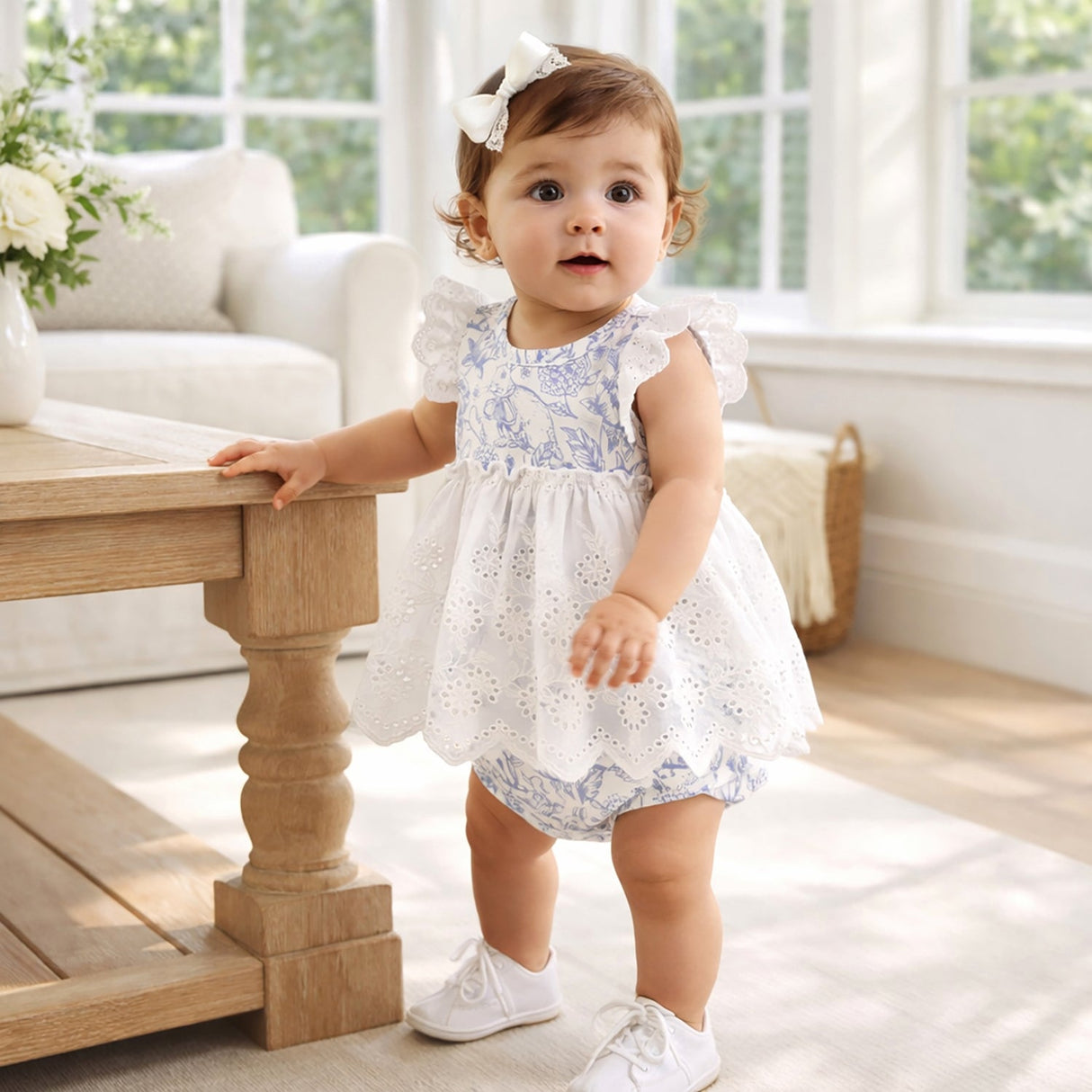 Easter Bunny Toile Lace Skirted Bodysuit